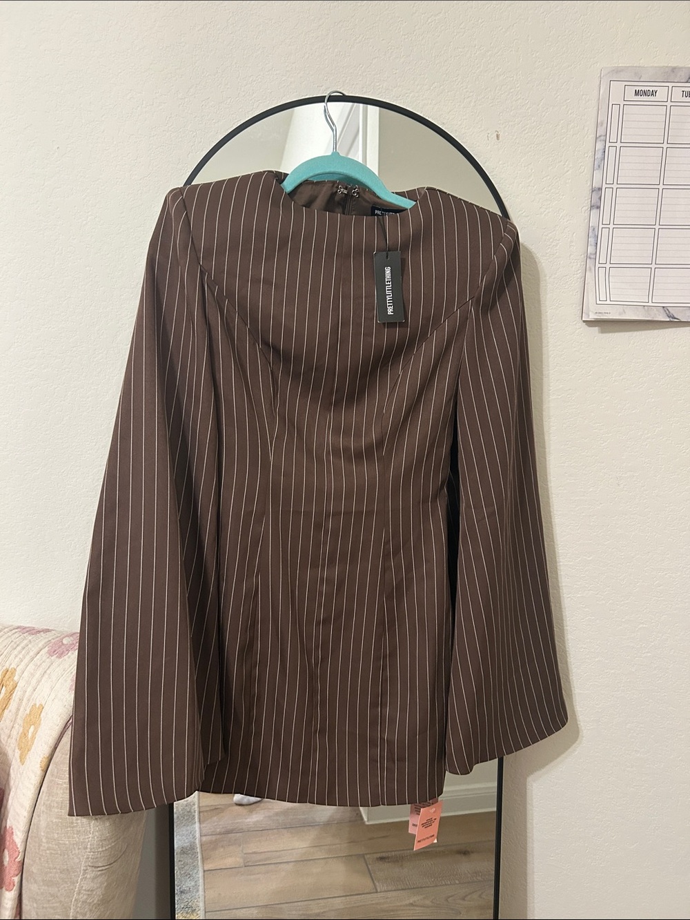 PrettyLittleThing Brown Pinstripe Dress W/ Shoulder Pads